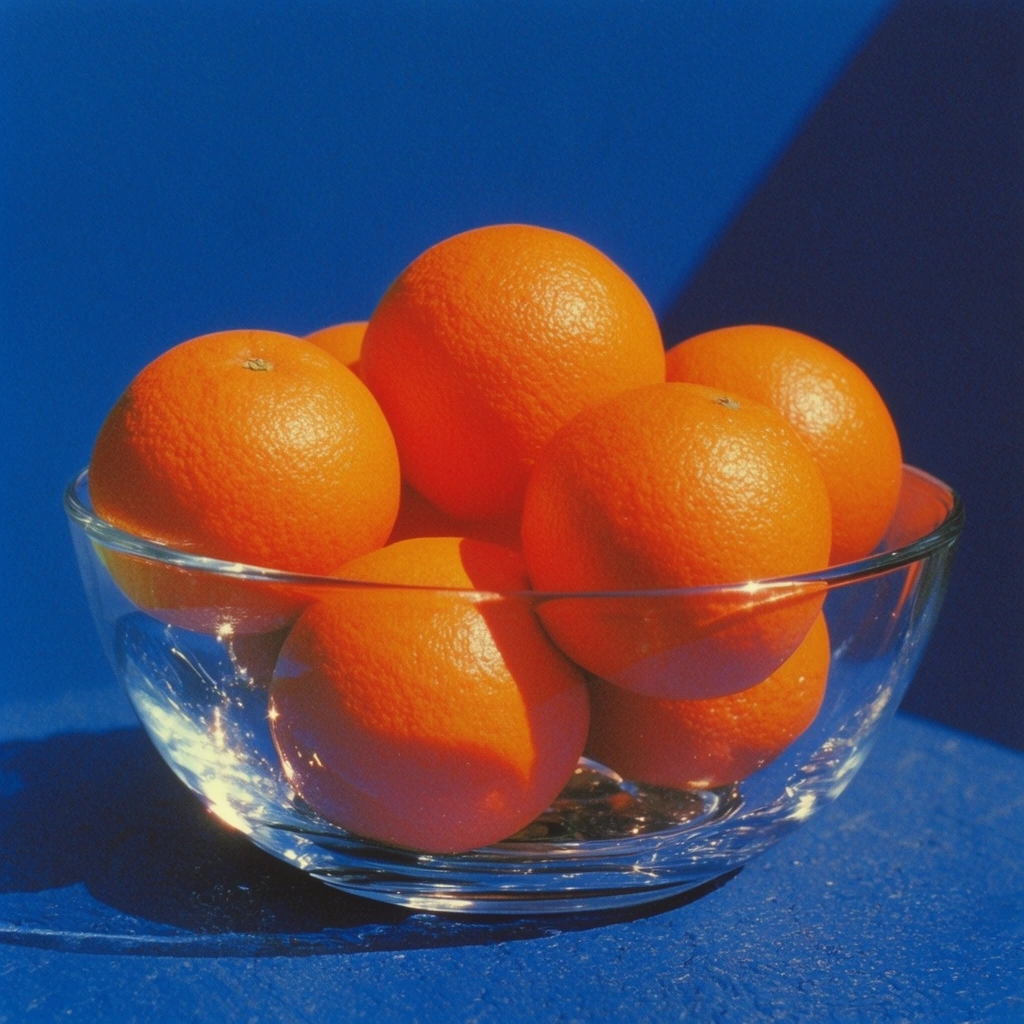 A cluster of ultra-saturated, vibrant oranges piled inside a transparent glass bowl, resting on a textured cobalt blue surface against a flat, matching intense cobalt blue wall. The vividly textured, glowing orange rinds create a stark complementary contrast against the minimalist, uniform blue environment. The transparent glass bowl gleams with sharp, shimmering specular highlights and crisp, high-contrast reflections. Harsh, direct, angled sunlight illuminates the arrangement, casting stark, deep, razor-sharp diagonal shadows from the bowl and fruit onto the solid blue backdrop. The composition features a hyper-realistic, 1980s pop-art commercial photography aesthetic, characterized by an extreme Kodachrome-style color palette, heavy color blocking, and distinct, crisp film grain visible across the brightly illuminated surfaces and dark geometric shadows.