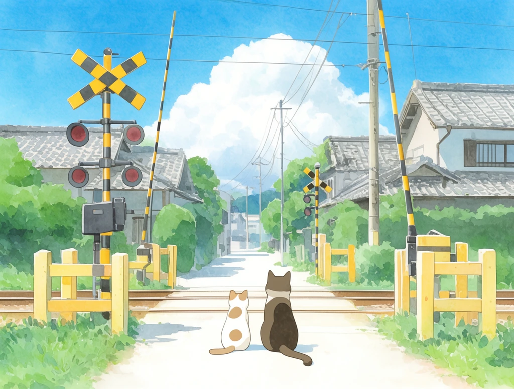 Two cats sit on a bright path facing a neighborhood railway crossing. Yellow and black striped signals, utility poles, and wires frame the horizontal tracks. Traditional houses with gray tiled roofs and lush greenery line the quiet street. A massive white cloud fills the vibrant blue sky. Rendered in an airy anime background style with soft watercolor textures and pastel tones.