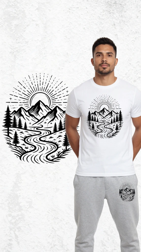 man wearing a white t-shirt, black line-art graphic of mountains winding river pine trees and radiant sun, matching enlarged vector illustration on the left side, light grey sweatpants, hands behind back, textured white background, studio apparel mockup