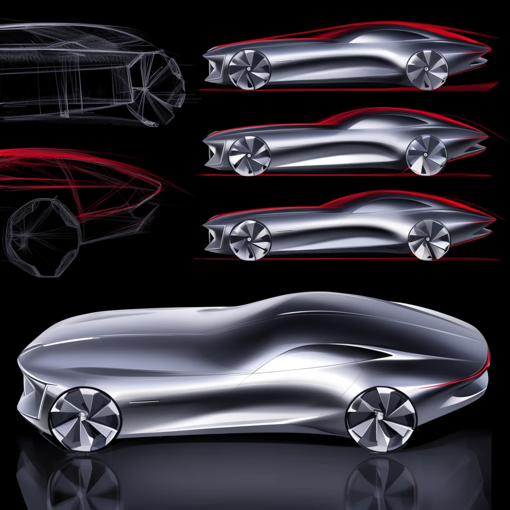 A digital industrial design presentation on a black background featuring a futuristic metallic silver concept car in side profile. The primary rendering showcases an elongated hood, sweeping low roofline, aerodynamic teardrop rear, and large geometric multi-spoke wheels, resting on a dark reflective surface. Three smaller stacked side-profile variations with flowing red contour lines appear in the upper right. Abstract structural wireframes and cross-section sketches in white and red flank the left side. The style highlights high-contrast digital rendering, precise linework, and smooth metallic gradient shading.