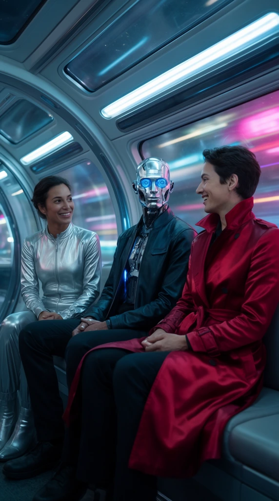 Three passengers converse inside the illuminated cabin of a futuristic high-speed transit pod. On the left, a woman in a sleek silver jumpsuit smiles warmly. In the center, a cybernetic android with chrome facial plating and glowing blue optical sensors, dressed in a dark synth-leather jacket, gazes right. Beside him, a figure in a vibrant crimson silk trench coat with a high collar smiles back brightly. Blurred neon lights streak past curved windows behind them. The cinematic widescreen composition uses cool cyan and magenta lighting to highlight metallic textures and rich fabrics, establishing a polished, high-contrast sci-fi aesthetic.