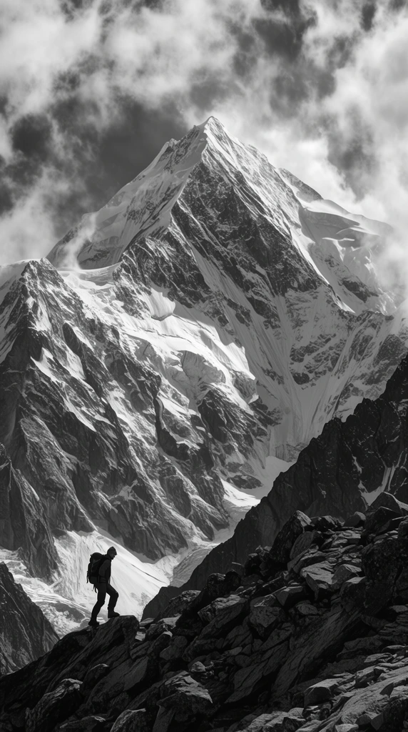 towering snow-veined mountain peak, dramatic swirling clouds framing the summit, small silhouette of a backpacker on a jagged rocky foreground ridge, steep rugged slopes, high contrast black and white landscape photography, crisp stone and ice textures, deep shadows, immense sense of scale