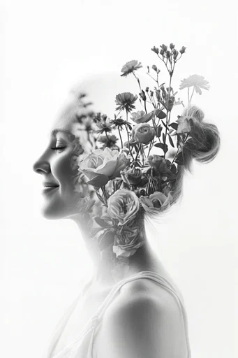 Monochromatic Surrealist Deconstruction style reference image — conceptual double exposure