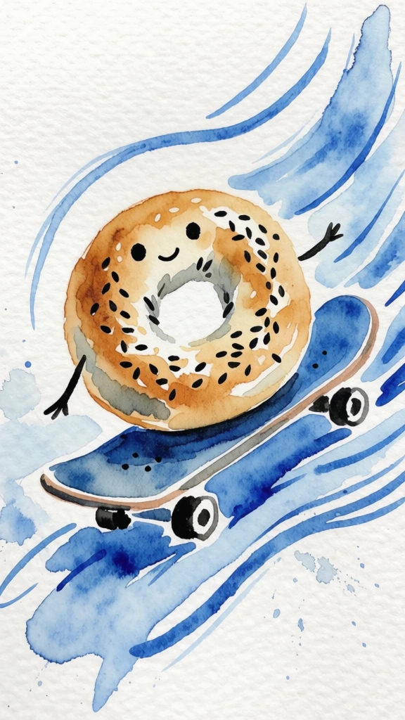sesame seed bagel character riding a skateboard, hand-painted watercolor style, aquarel aesthetic, soft gestural brushstrokes, varied transparency, wet-on-wet paint effects, shades of cerulean and deep navy blue accents, warm toasted tan bagel tones, textured white paper background, minimalist composition, fluid motion lines, subtle watercolor splatters, playful anthropomorphic features, high-resolution artistic quality, organic textures, whimsical and expressive.