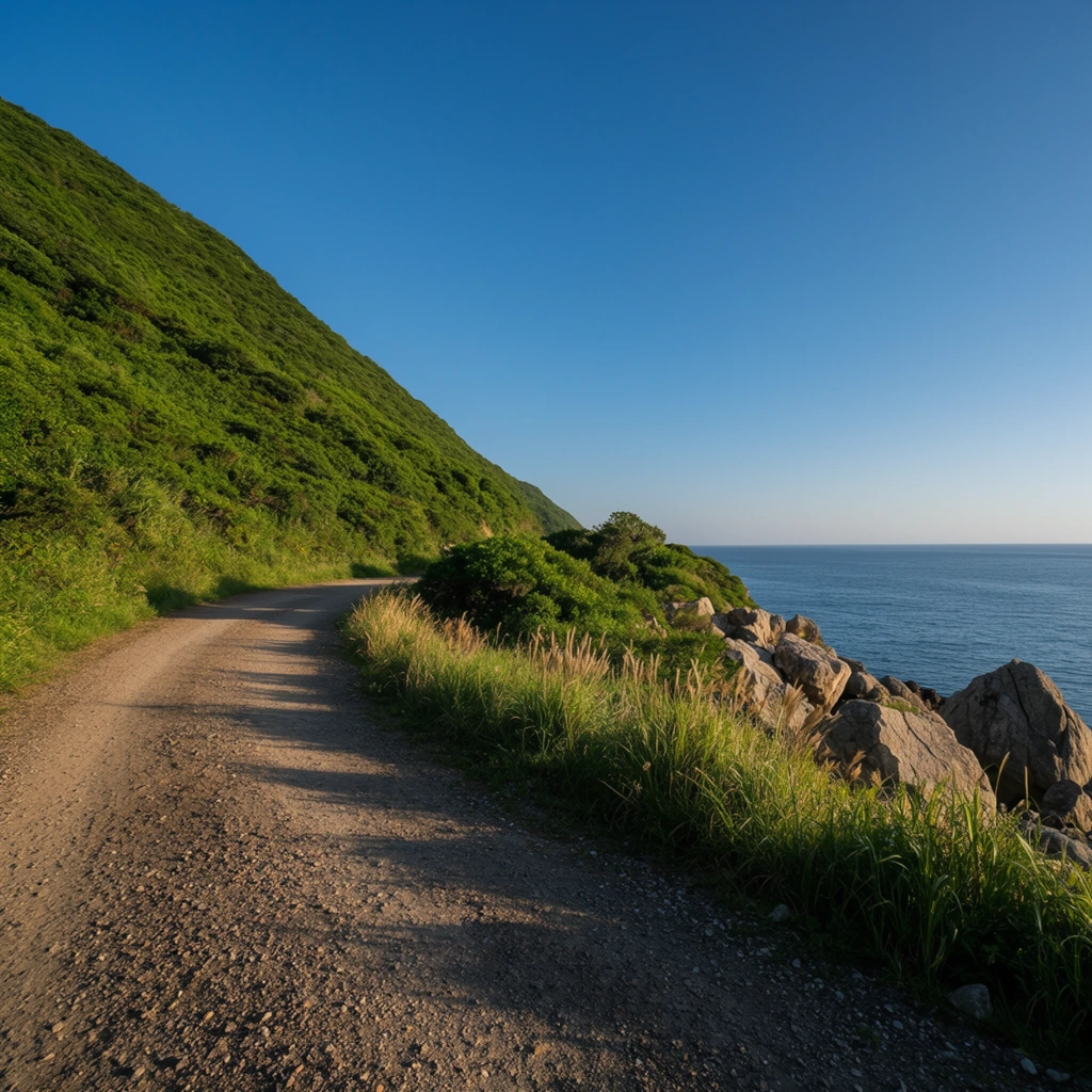 A curving coastal dirt path flanked by a lush green mountain slope and a calm ocean under a clear blue sky. The textured gravel road sweeps inward, intersected by long, dark shadows from a low sun. A steep hillside rises sharply to the left, densely blanketed in vibrant green vegetation. Along the right edge, tall wispy grass and rugged, sunlit gray boulders line the drop-off to a vast, deep blue sea. The sky above is a flawless gradient of rich azure transitioning to a lighter horizon. Captured with a wide-angle lens, deep depth of field, and crisp natural lighting that highlights earthy textures.