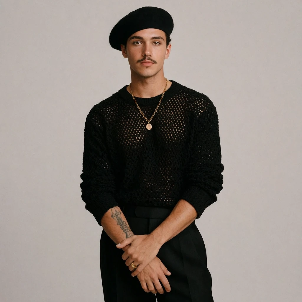 young man with a thin mustache and black beret, black open-knit textured sweater, gold chain necklace with pendant, black trousers, hands clasped loosely in front, forearm tattoo, gold pinky ring, plain light grey background, soft studio lighting, waist-up fashion portrait, high-end editorial photography