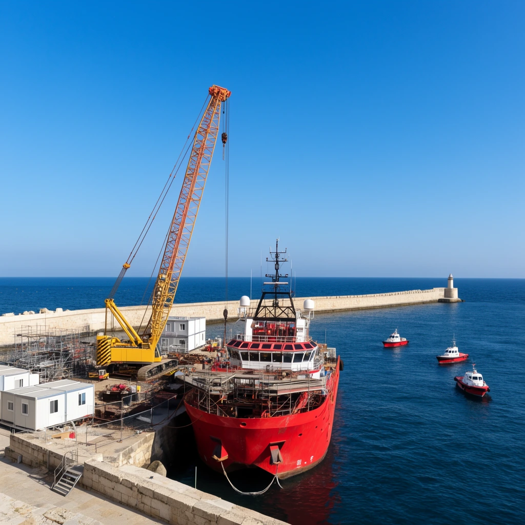 massive red crane vessel moored at a coastal stone pier, active marine construction site, yellow mobile crane with high boom, white temporary cabins, metal scaffolding, deep blue sea, long stone breakwater ending in a small lighthouse, three small pilot boats idling nearby, clear azure sky, wide-angle daytime photography, crisp sunlight