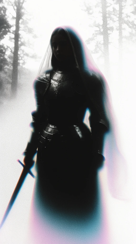 A silhouetted woman in plate armor and a flowing veil holding a sword stands in the foreground against a faint forest, rendered in a stark, high-contrast, overexposed visual style. Deep, inky black tones form the solid core of the armored woman and her weapon. The borders of her silhouette feature soft, airbrushed, and highly diffused edges that bleed directly into a brilliantly blown-out, pure white background. Distinct cyan and magenta chromatic aberration traces these blurred transitions, casting a soft, glowing, colorful fringe along the dark contours of the metal armor, fabric veil, and blade. The background forest is depicted as minimal, hazy shadow shapes that dissolve seamlessly into the bright white void. A prominent, stippled film grain and coarse noise texture overlay the entire image, giving the stark composition a heavily distressed, analog print aesthetic.