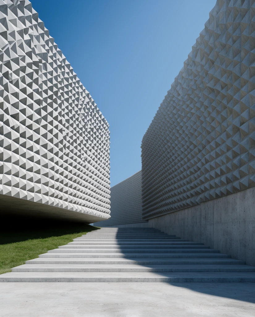 parametric concrete walls with 3D tessellated pyramid textures, wide stepped pathway between massive structures, green grass under an overhang, harsh daylight, strong architectural shadows, clear blue sky