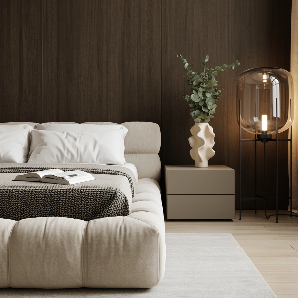 Modern bedroom interior, tufted beige bed with white pillows, patterned blanket, open book, minimalist taupe nightstand, sculptural vase with eucalyptus, glass dome floor lamp, dark wood paneled wall, soft warm lighting, photorealistic rendering