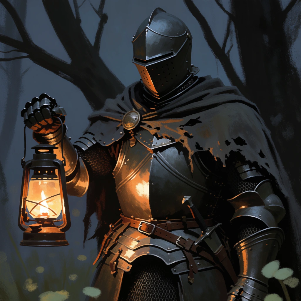 A knight clad in full dark plate armor holds a glowing lantern amidst a dim, shadowy forest. The knight wears a suit of matte grey armor, including a closed-faced helmet with vertical eye slits and a pointed visor. A tattered, dark grey cloak is draped over the shoulders, secured by a circular metal brooch on the right side of the chest. The armor is intricately layered, featuring a heavy breastplate, articulated gauntlets, and overlapping plates at the waist. A leather belt with several straps and buckles cinches the midsection, where the hilt of a small weapon is tucked on the side. The knight's right hand grips the metal handle of an old-fashioned oil lantern, which emits a warm, bright orange glow from its internal flame. This light casts strong, high-contrast highlights onto the front of the breastplate, the side of the helmet, and the folds of the tattered cloak, while the rest of the figure remains in deep shadow. Behind the knight, thick, dark silhouettes of tree branches stretch upward against a muted blue-grey background. The ground level is indistinct, featuring soft, blurry patches of light green and yellow scattered near the bottom. The digital painting uses a chiaroscuro style with visible, textured brushstrokes and a somber color palette of dark grays and blues, punctuated by the vibrant orange of the lantern's light. The perspective is a medium shot, framing the knight from the waist up at a slight low angle.