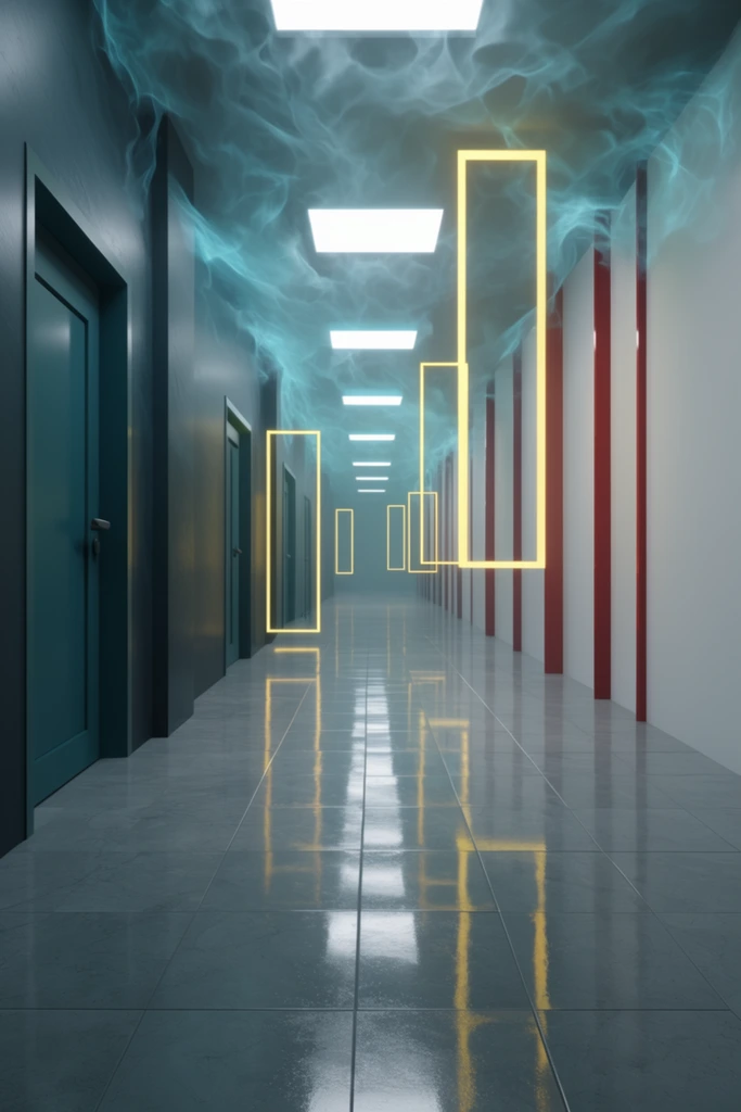 surreal futuristic hallway, one-point perspective, dark teal doors on the left, white walls with vertical red beams on the right, glossy grey tiled floor reflecting rectangular ceiling lights, floating glowing yellow rectangular frames suspended in mid-air, wispy cyan vapor near the ceiling, 3D digital render, cinematic lighting, cool teal and grey palette with bright yellow accents