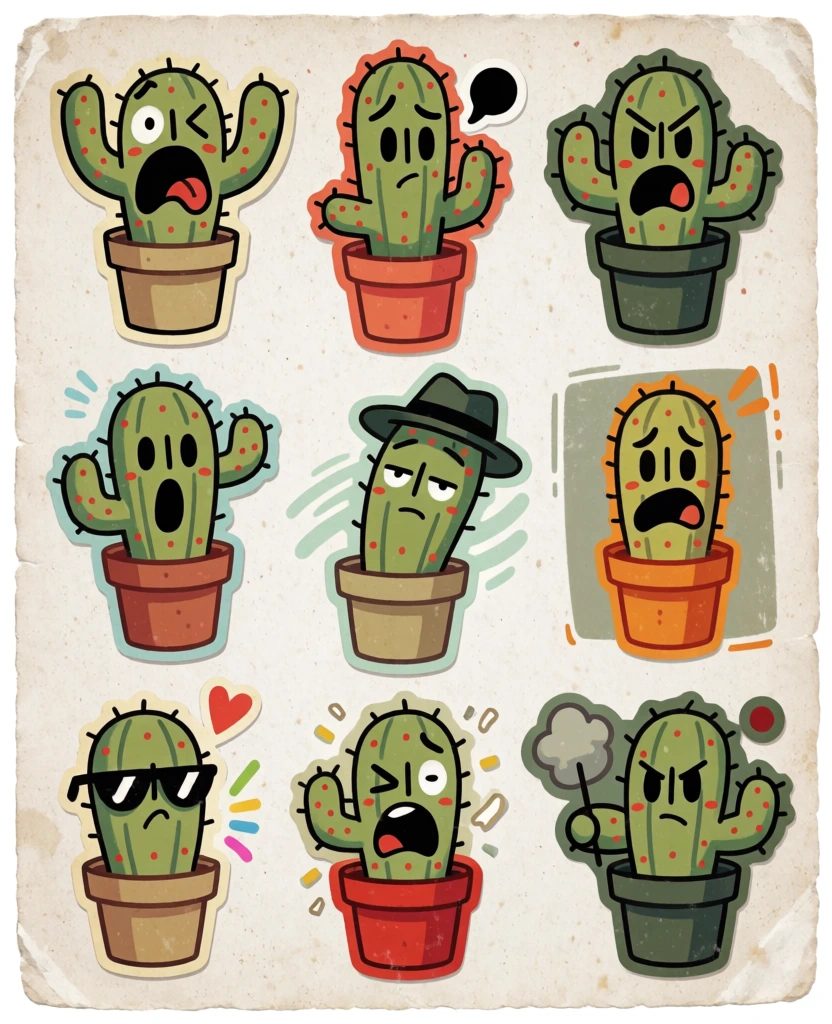 A playful sheet of nine cartoon cactus stickers shows the same potted cactus acting out different exaggerated emotions, arranged in a neat three-by-three grid on aged paper like a character expression lineup. digital illustration, sticker-sheet design, hand-drawn cartoon, expressive character study, chibi-adjacent proportions, comic doodle aesthetic, children’s book energy, whimsical, quirky, humorous, lighthearted, moderately detailed, clean silhouette with sketchy interior lines, faux vintage paper presentation, cel-shaded with textured brushwork, outlined stickers with white cutline, visual neighbors: Sarah Andersen, The Oatmeal, Adventure Time character sheets, indie enamel-pin art, palette of dusty sage greens, cactus green, tan and terracotta pots, muted olive shadows, black linework, off-white paper, occasional coral red accents, soft even lighting, medium contrast, no realistic camera cues, no lens blur, no photographic grain, intentional paper speckling, distressed background texture, slight drop-shadow sticker effect. The background is a large warm beige sheet with rough deckled edges and tiny brown speckles throughout. In the top left, a cactus in a light brown pot throws both arms up, eyes wide and uneven, mouth huge and black with a red tongue hanging out in panic; little jitter lines around it suggest shaking. Top center, a slightly taller cactus in a red-orange pot looks confused or wary, with one eye drifting sideways and a small black speech bubble-like mark above its left side. Top right, a cactus in a dark green pot looks angry and alarmed, arms raised, eyebrows slanted inward, mouth open in a red shout. Middle left, another cactus in a terracotta pot looks shocked, with giant round eyes and an oval open mouth; tiny blue motion marks hover near its right side. Middle center, a cactus in a tan pot wears a dark green fedora tilted left, glaring with a weary, annoyed expression while pale teal speed strokes behind its head imply sudden movement. Middle right, a smaller cactus in an orange pot cringes with worried drooping eyes and a trembling open mouth, set against a muted gray-green rectangular patch with orange emphasis lines near its face. Bottom left, a cactus in a tan pot wears black sunglasses and frowns coolly, with a tiny red heart above and colorful doodle marks floating at its right. Bottom center, a cactus in a red pot yells with one eye narrowed and one enlarged, surrounded by tiny flying shapes like hearts and yellow bits. Bottom right, a cactus in a dark green pot looks fierce and determined, holding a gray puff-like object on a stick in its left arm while a small red round object floats near its right side.