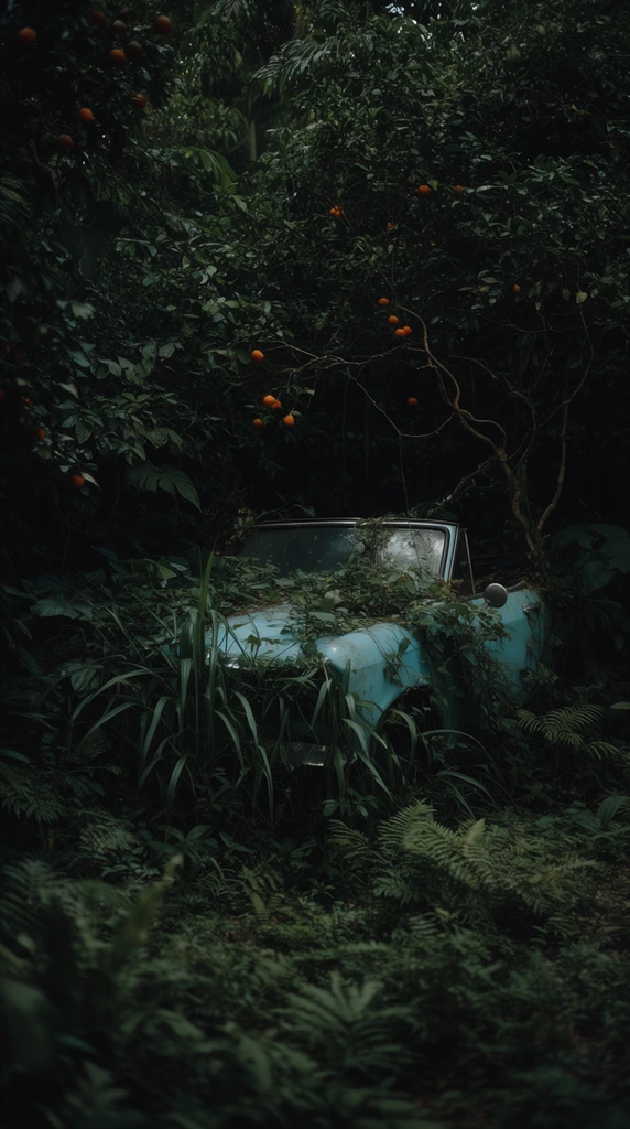 A vintage, faded light-blue convertible sits abandoned and heavily overgrown within a dense, shadowed jungle. The vehicle is nearly swallowed by nature, with thick vines, tall broad-leaf grasses, and twisting branches obscuring its hood and sides. Only the intact glass windshield and a single round side mirror emerge from the foliage. Small, bright orange citrus fruits hang from branches draped directly over the car, providing stark contrasting spots of color against the dark, encroaching leaves. The foreground features a chaotic texture of low-lying tropical ferns leading into an impenetrable wall of heavy canopy. The cinematic, low-key lighting casts deep shadows throughout the undergrowth, emphasizing a rich color palette of deep emerald greens, muted teal, and vibrant orange.