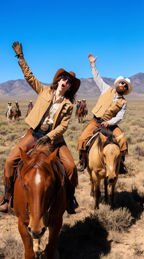 A dynamic low-angle shot of horseback riders traversing sun-drenched arid scrubland. A foreground woman on a chestnut horse leans dramatically backward in her saddle, mouth open, wearing a brown cowboy hat, sunglasses, tan jacket, and raising one gloved hand. Beside her, a bearded man on a light brown horse mirrors this deep backward lean, throwing his right arm high while wearing a white hat and tan vest. Distant riders trail across the flat, brushy terrain under an intensely bright clear blue sky and distant rugged mountains.