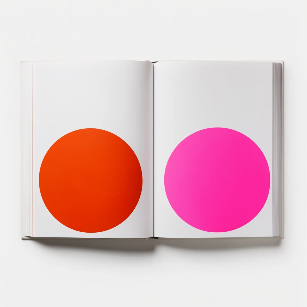 open book spread on a seamless white surface, minimalist graphic design, vivid orange-red solid circle on the lower left page, bright neon pink solid circle on the lower right page, soft drop shadow beneath the pages, top-down flat lay photography, pristine studio lighting, crisp edges