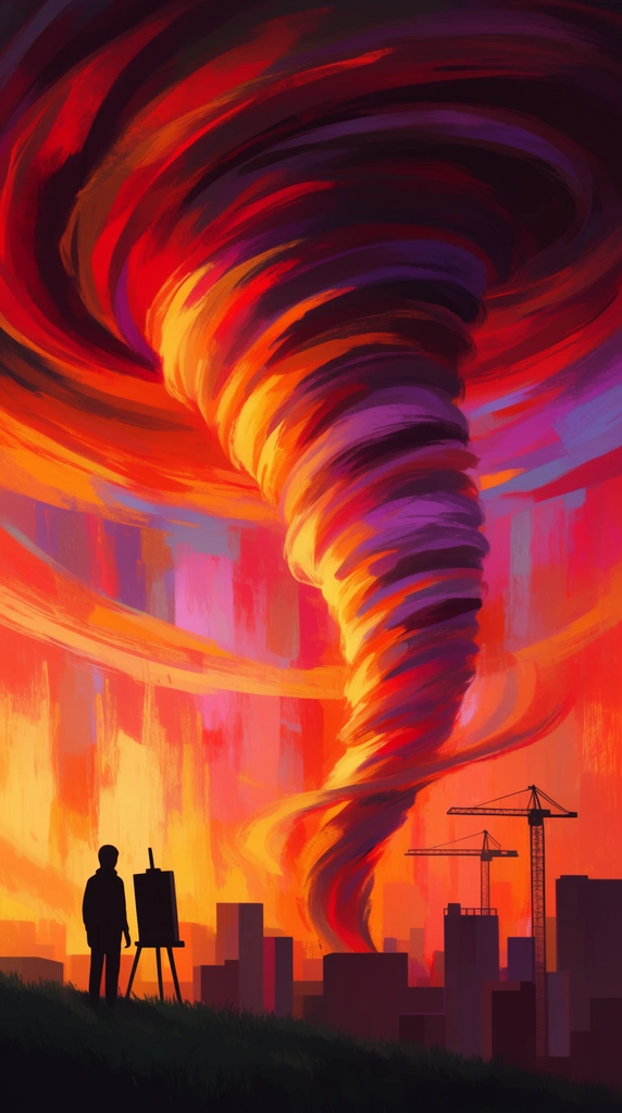 A silhouetted figure beside an easel on a dark grassy hill faces a colossal, swirling tornado. The immense funnel cloud features vibrant, painterly brushstrokes of crimson, orange, yellow, and purple. Below the glowing vortex lies a dark cityscape silhouette with geometric buildings and two construction cranes. The surreal digital illustration contrasts the tiny foreground elements against an apocalyptic sky composed of sweeping ribbons of vivid color and textured vertical strokes.