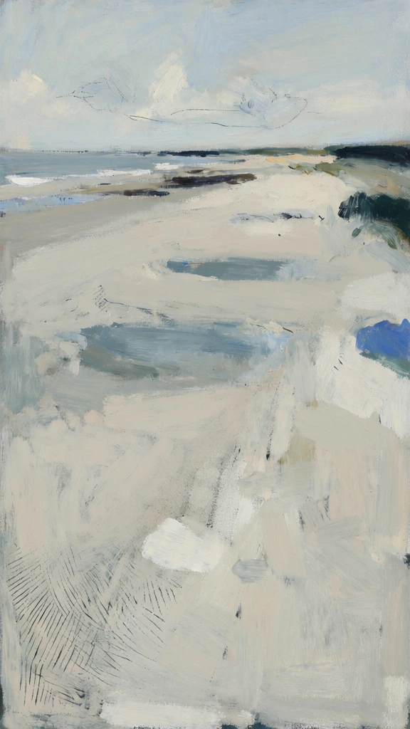 An impressionistic landscape painting depicts an expansive, sandy coastal scene under a pale, clouded sky. The foreground and midground are dominated by a broad expanse of sandy beach, rendered in textured applications of off-white, beige, and light grey paint. Within these light areas are darker, horizontally-oriented patches of muted blue-grey and slate, suggesting shallow pools of water or wet reflections on the sand. Fine, scribbled incisions appear in the bottom-left corner, revealing a darker underlayer through the thick, pale pigment. To the right, a dark, deep green stroke indicates a patch of vegetation or a distant shoreline feature, while a small, saturated blue patch sits near the right edge in the midground. The horizon is set high in the upper third of the composition, marked by a thin, dark horizontal band that separates the land from the water and sky. Above the horizon, the sky is a wash of pale, atmospheric blue and white, with soft, sketchy strokes representing distant clouds. The artwork is executed in a loose, gestural style with visible brushwork and layered paint. The perspective is a high-angle view looking down toward the shore, creating a sense of vast openness. The color palette is restricted to cool, muted neutrals, including cream, grey, and soft blue, with occasional darker accents under soft, diffused lighting.