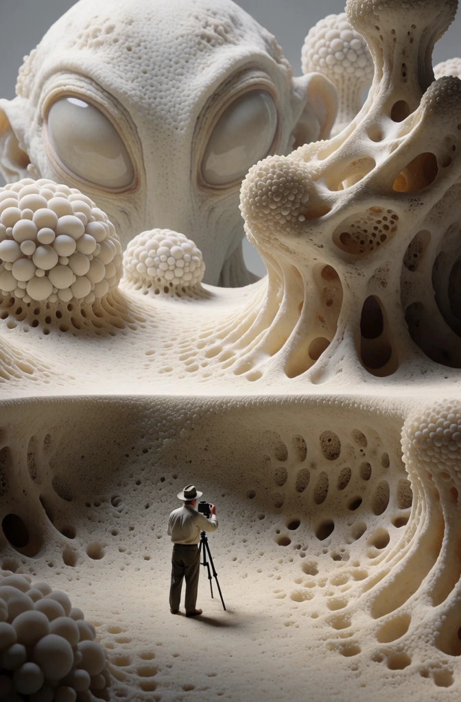 macro-style organic calcified texture, matte bone-white and sand palette, diminutive man in a hat operating a tripod-mounted camera in the lower foreground facing away, crisp horizontal dividing ridge, looming giant alien head with massive oval eyes peering down from above, sculptural porous surfaces, soft diffused lighting, minimalist biological aesthetic, intricate spherical bubbled details, monochromatic cream tones, surreal cinematic composition, ethereal fossilized finish