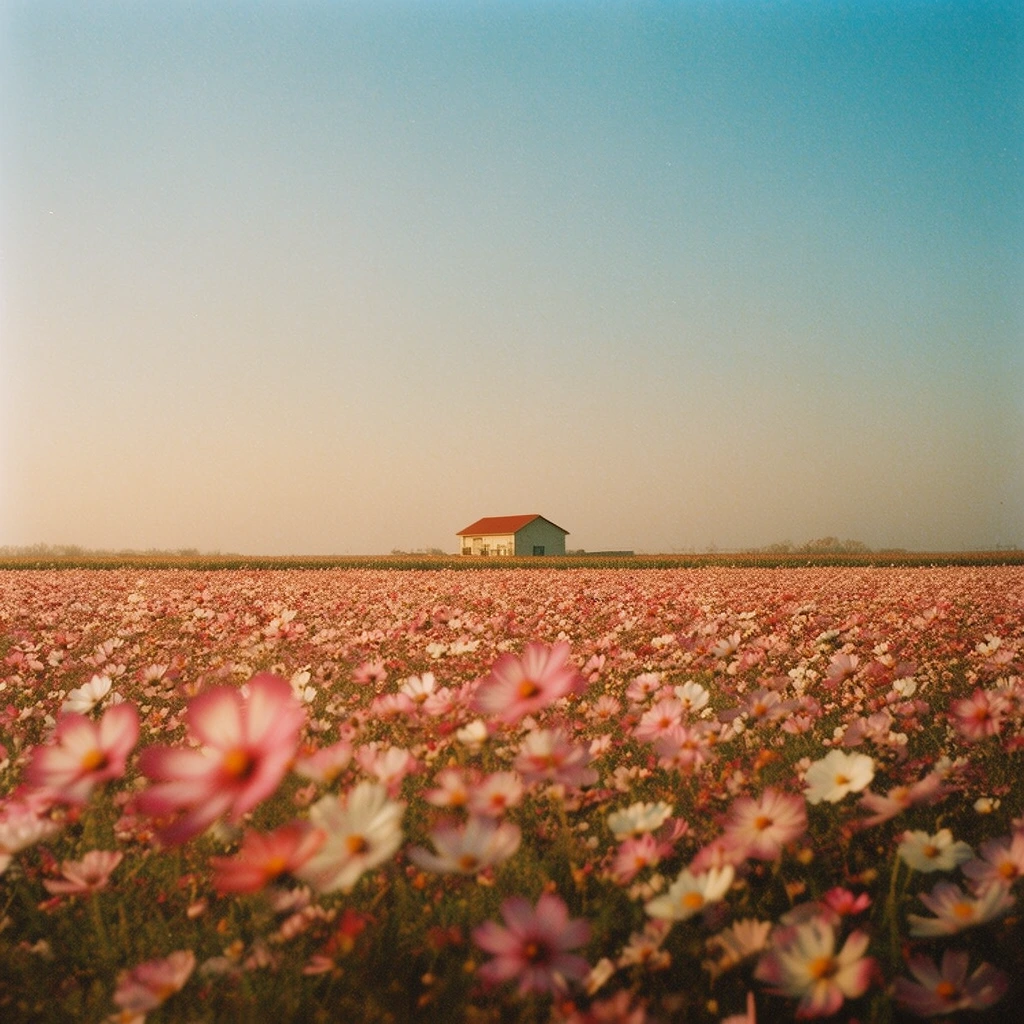 vast field of pink and white cosmos flowers, blurred foreground blooms, solitary building with red roof on distant horizon, clear gradient sky from warm haze to pale blue, analog film photography, vintage grain, soft focus, warm nostalgic lighting, minimalist landscape