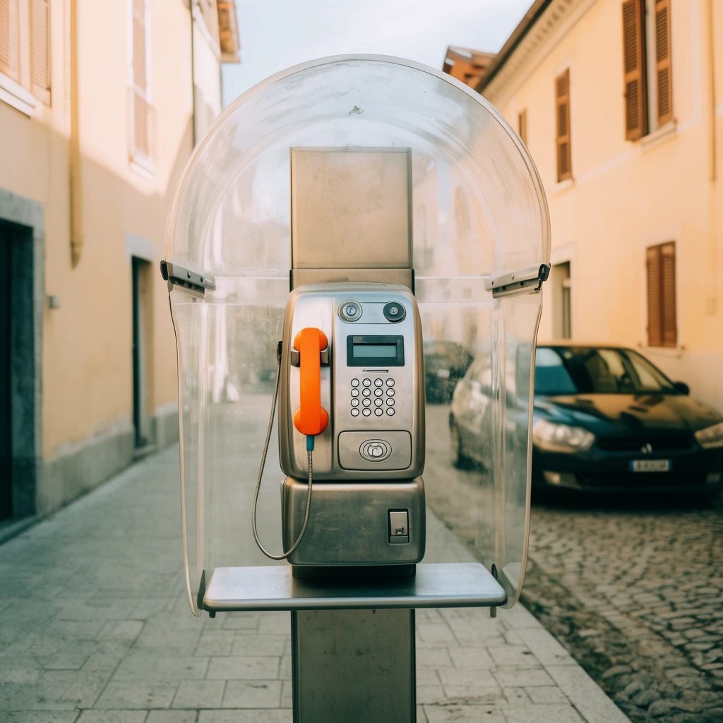 A metallic silver payphone with a vibrant orange handset and a curved transparent canopy stands on a paved sidewalk. The softly blurred background reveals a parked dark car on a cobblestone street lined with pastel yellow buildings and brown shutters. The daytime photograph features a shallow depth of field and a warm cinematic color grade.