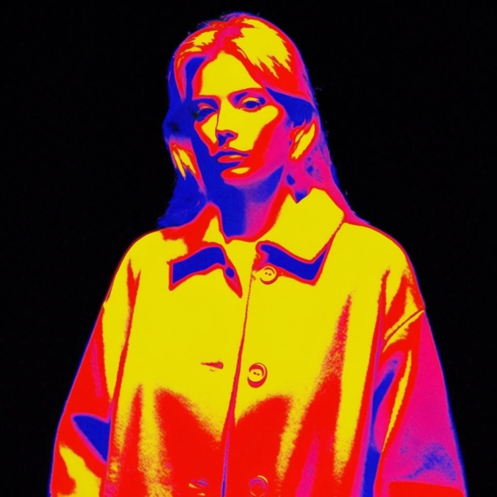 A woman wearing a collared coat with buttons is rendered in a stark, high-contrast, false-color thermal imaging style against a pure pitch-black background. The woman and her garment are defined entirely by highly saturated, posterized color blocking. Bright neon yellow and intense crimson red form the illuminated highlights across her face, hair, and the broad surfaces of the collared coat. The circular buttons, the deep folds of the collar, and the shadowed contours of her features are cast in deep ultramarine blue and vivid magenta. The lighting creates sharp, rigid color boundaries, evoking an infrared photography or retro pop-art aesthetic. The visual features a slightly grainy, lo-fi digital texture with distinct color banding, completely isolated within the black void to emphasize the extreme primary color palette of neon yellow, bold red, and deep blue.