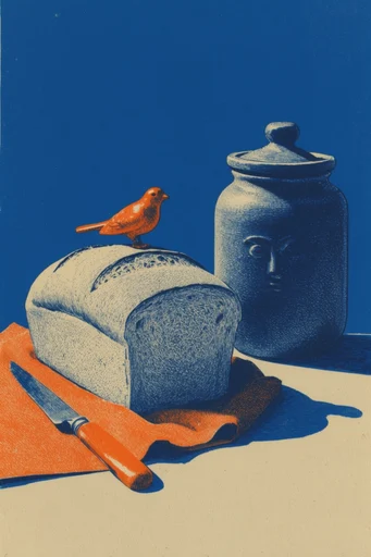 Graphic Woodcut Modernism style reference image — cobalt and terracotta palette