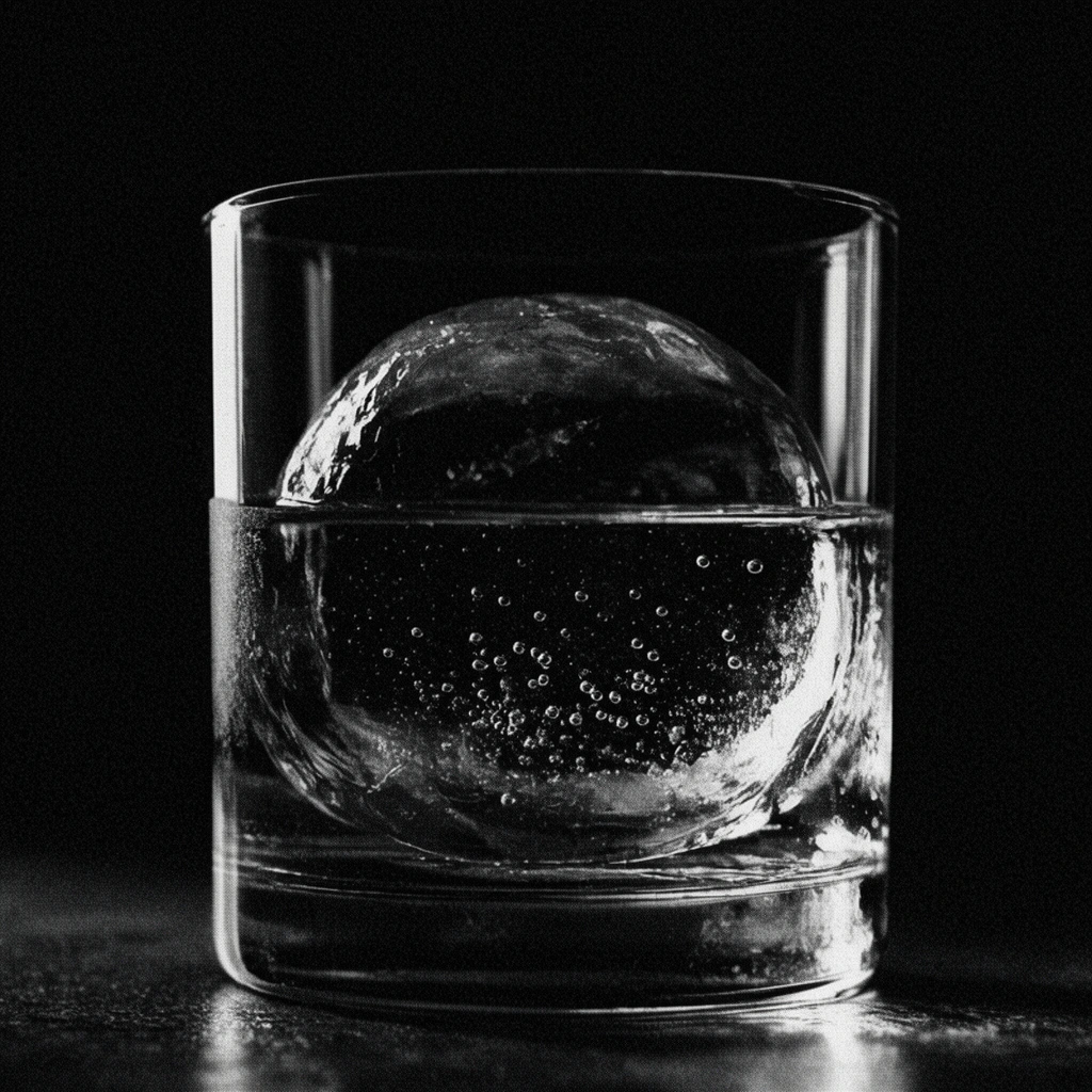large spherical ice cube in rocks glass with liquid, tiny submerged bubbles, dark background, sharp edge highlights, dramatic low-key lighting, heavy film grain, high contrast black and white photography