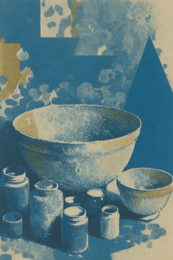 Vintage Lithographic Surrealism style reference image — halftone dot pattern