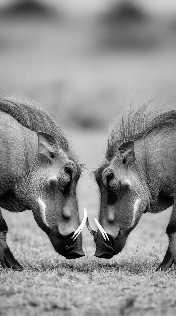 Two warthogs face each other in a standoff on a grassy savanna in this black-and-white photograph. Captured in sharp profile with snouts nearly touching, both animals display rough skin, prominent upward-curving tusks, and stiff bristly manes along their spines. They stand on short, sparse grass. A shallow depth of field transforms the background into a smooth, gradient gray backdrop, isolating the highly detailed subjects.