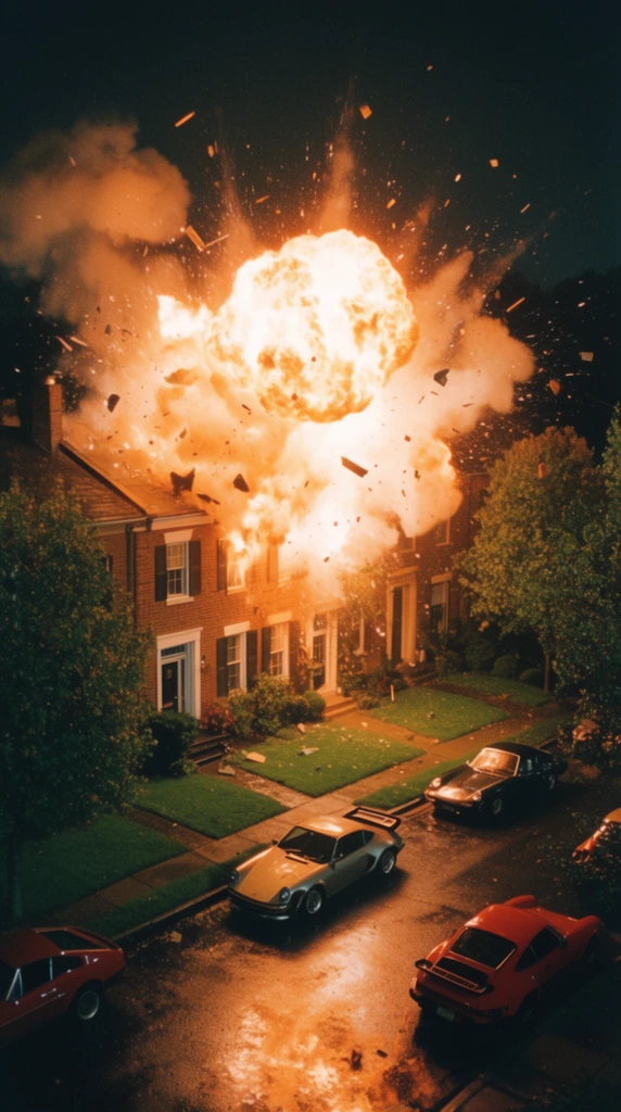 massive fiery explosion erupting from a residential brick townhouse, bright glowing orange fireball, flying debris, illuminated smoke plumes, high-angle wide shot of a dark street at night, wet asphalt reflecting blast light, parked vintage sports cars, manicured green lawns, trees framing the destruction, 35mm film grain, cinematic lighting