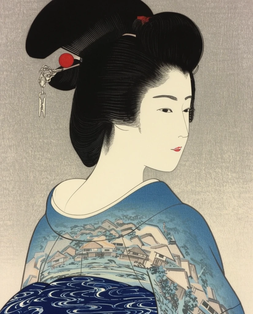 A traditional Japanese woodblock print portrays a woman in profile looking over her right shoulder against a textured gray background. She wears a blue kimono adorned with a scenic village landscape, secured by a dark blue obi with swirling white water motifs. Her pale exposed nape contrasts with glossy black hair styled in a voluminous traditional updo, accessorized with a large black comb, a red sphere, and a dangling silver hairpin. The artwork features crisp black linework, flat colors with delicate subtle gradients, and a sophisticated, muted color palette.