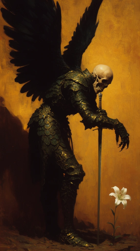 A skeletal, winged warrior in dark armor hunches heavily over a long sword against a textured golden backdrop. The figure features a bare human skull and massive black feathered wings reaching upward. Its intricately detailed, dark greenish-gold armor resembles overlapping scales. The warrior leans on a slender sword planted in the desolate earth, its clawed right gauntlet hanging limply. A solitary white lily blooms near its foot. The background is a painterly expanse of warm ochre and amber, capturing heavy brushstrokes and casting a stark shadow of the imposing silhouette. Dramatic chiaroscuro lighting emphasizes the intense contrasts between the inky wings, radiant background, and fragile white flower.