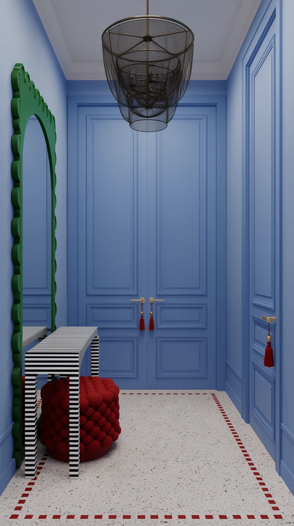 Contemporary hallway interior, cornflower blue walls, arched mirror with scalloped green border, tall paneled blue doors, gold handles with red tassels, textured cherry-red ottoman, black-and-white striped console table, dark wire mesh chandelier, terrazzo floor with dashed red border, soft even lighting, architectural photography
