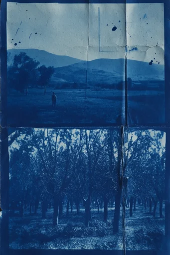 Archival Cyanotype Glitch style reference image — distressed paper texture