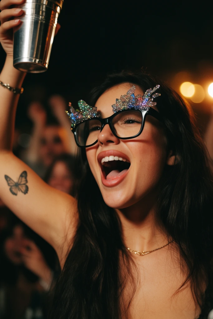 young woman cheering with mouth wide open, thick black glasses topped with sparkling glittery decorations, raised arm holding a metallic silver cup, small butterfly tattoo on inner bicep, delicate gold chain necklace, long dark hair, warm cinematic lighting, shallow depth of field, dark background with blurred figures and glowing bokeh