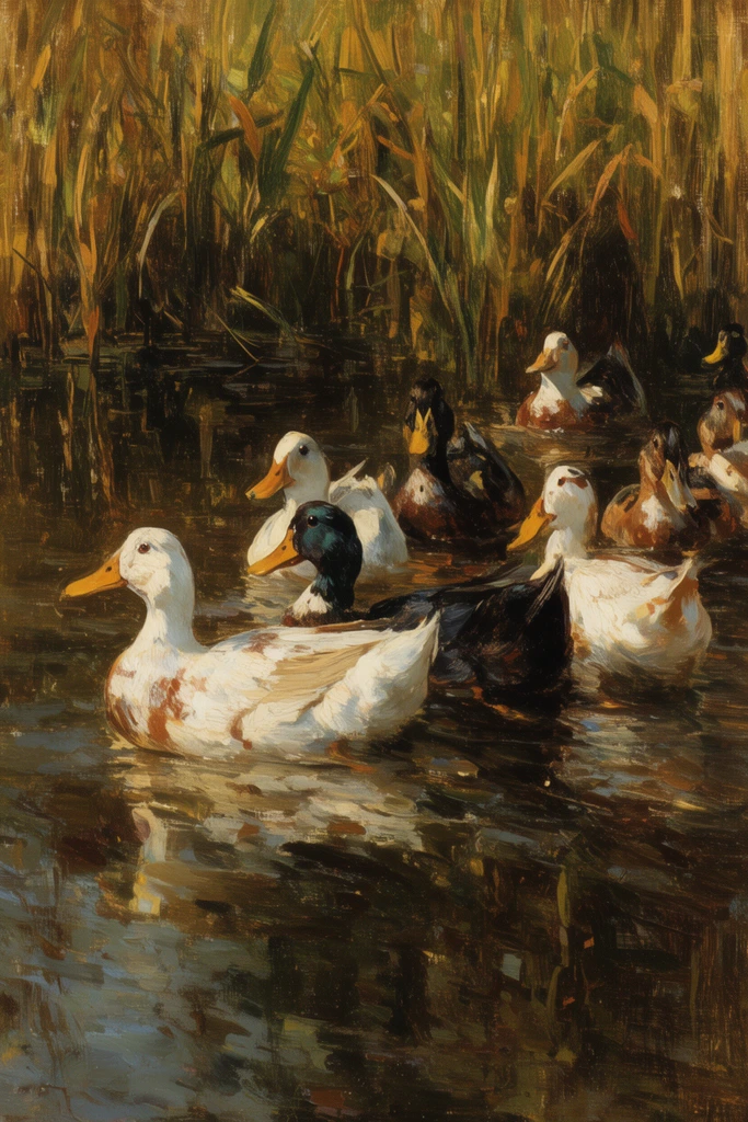 flock of ducks swimming in dark reflective marsh water, impressionistic oil painting, white and dark feathered ducks, tall golden and green reeds, dappled sunlight, rich earth tones, expressive brushwork, classical wildlife art
