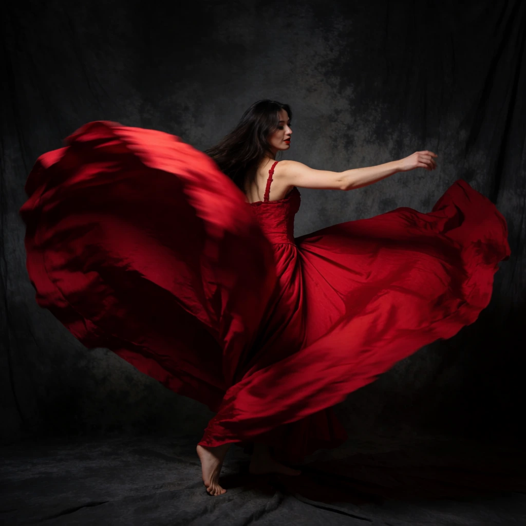 A barefoot woman with long dark hair performs a dynamic spin, enveloped in a voluminous crimson red dress. The heavy fabric of the expansive skirt billows outward in a massive, sweeping wave, dominating the lower half of the composition with deep, sculptural folds and a slight motion blur at the edges. She wears a fitted bodice with delicate straps, extending her right arm gracefully outwards while looking over her shoulder. The scene is set against a moody, textured charcoal backdrop. Dramatic studio lighting creates striking contrast, intensely illuminating the vibrant red silk and her fair skin while allowing the edges of the frame to fall into deep shadow, enhancing the theatrical and energetic atmosphere of the portrait.