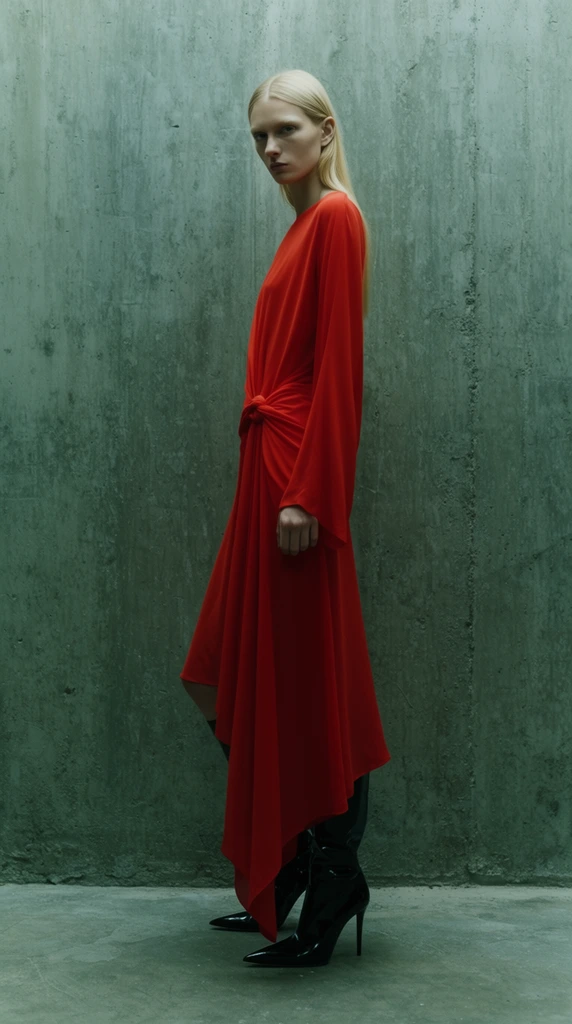 slender woman with straight blonde hair looking over her shoulder with a stoic expression, vibrant asymmetrical flowing red dress with a hip knot detail, glossy black pointed stiletto boots, stark industrial environment, raw textured cool greenish-grey concrete wall, concrete floor, diffused overhead lighting, minimalist fashion editorial photography, striking color contrast, moody austere atmosphere
