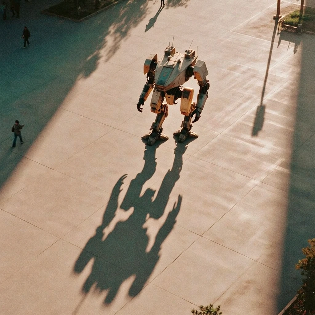 high-angle aerial view of a singular massive bipedal robotic mech traversing a vast empty sun-bleached concrete plaza, extremely long dramatic sharp-edged shadows cast by harsh low-angled sunlight, nostalgic 35mm film aesthetic with heavy organic grain and soft halation, warm sun-drenched color palette of beige and muted industrial tones, minimalist composition, vintage analog photography feel, soft filmic texture, cinematic realism, solitary atmospheric mood