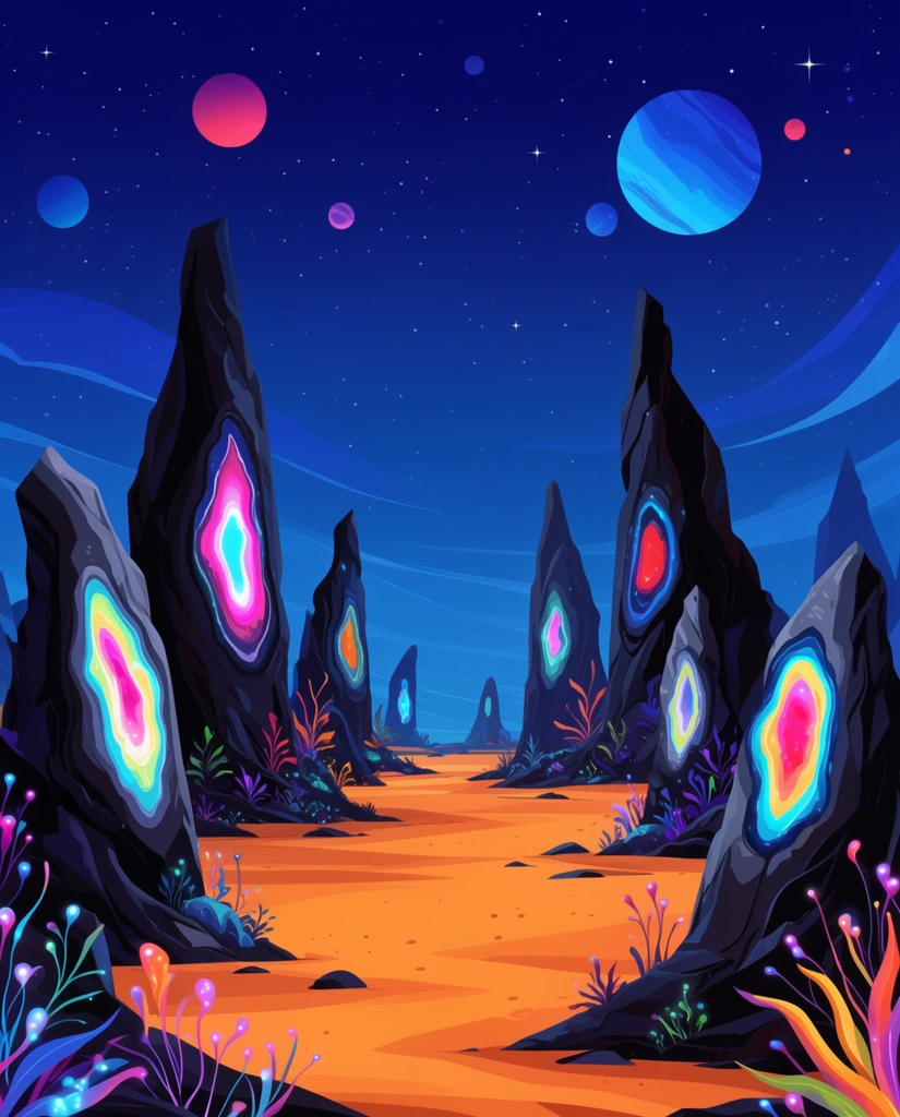 stylized alien night landscape, panoramic vector art, jagged dark rock pillars, glowing standing stones with neon geode centers, bioluminescent flora, orange sand, starry blue sky with planets, vibrant colors