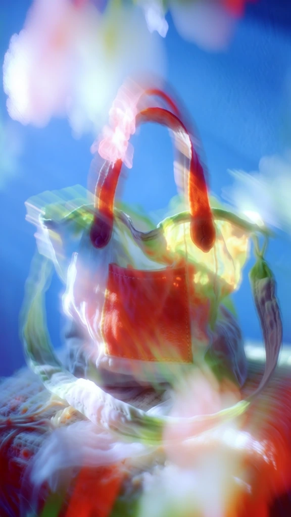 ethereal high-key diffusion, a single fabric tote bag with leather handles sitting upright on a coarse textured surface, slightly elevated angle, bag is open and empty, long strap looping downward in front, heavy dreamlike halation, blurred pictorialist smear, vibrant cobalt blue backdrop, chromatic aberration on edges, luminous light leaks, soft-focus impressionism, glowing ethereal atmosphere, washed-out textures, low contrast lens flare.