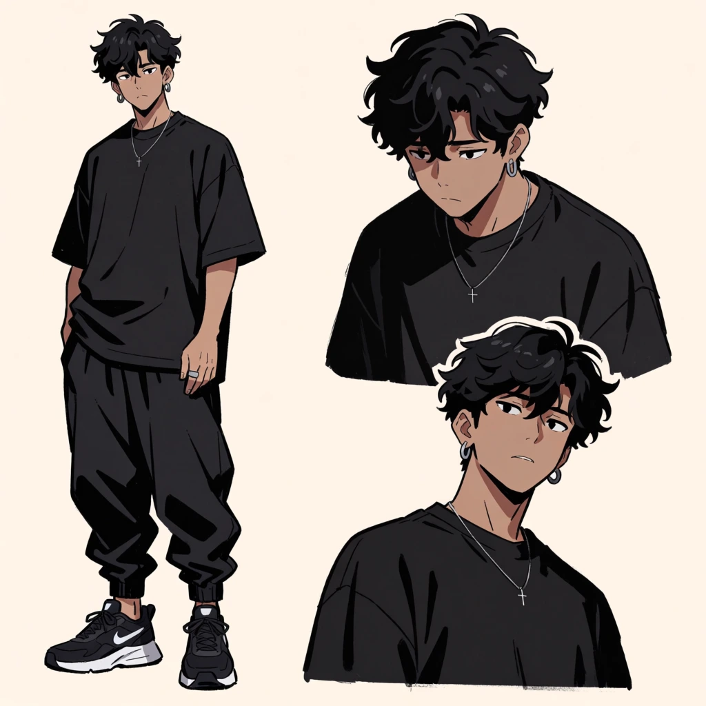 A character design sheet features three illustrations of a young man with messy black hair wearing all-black streetwear against a solid cream background. On the left, a full-body illustration shows the man standing with a relaxed posture, wearing an oversized black short-sleeved t-shirt and baggy black jogger pants that cinch at the ankles. He wears black athletic sneakers with thick white soles and a white Nike swoosh on the side. His accessories include silver hoop earrings in both ears, a thin silver necklace with a small cross pendant, and a silver ring on his right ring finger. To the right are two bust-length portraits; the top one shows the man from a slightly high angle, looking down with a somber, neutral expression, while the bottom one shows him from a lower angle looking slightly upward and toward the viewer. The man has a tan complexion, dark almond-shaped eyes, and thick, wavy black hair that falls over his forehead. The artistic style is modern digital anime with clean, bold outlines and subtle cel-shading to define the folds in his clothing and the contours of his face. The overall composition is a character reference sheet, using a monochromatic color palette of black and dark grays for the subject to contrast against the light, neutral backdrop.