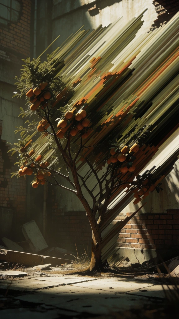 cinematic shot of a lone tree bearing round fruits amidst urban decay, applying a dramatic pixel sorting effect where leaves and fruit stretch into sharp diagonal light-streaks, palette of muted olive, rust, and sepia, weathered brickwork and cracked asphalt background, glitch art aesthetic, high-contrast textures of organic matter versus digital distortion, post-apocalyptic atmosphere, gritty cinematic lighting, surreal digital manipulation, intricate linear stretching.