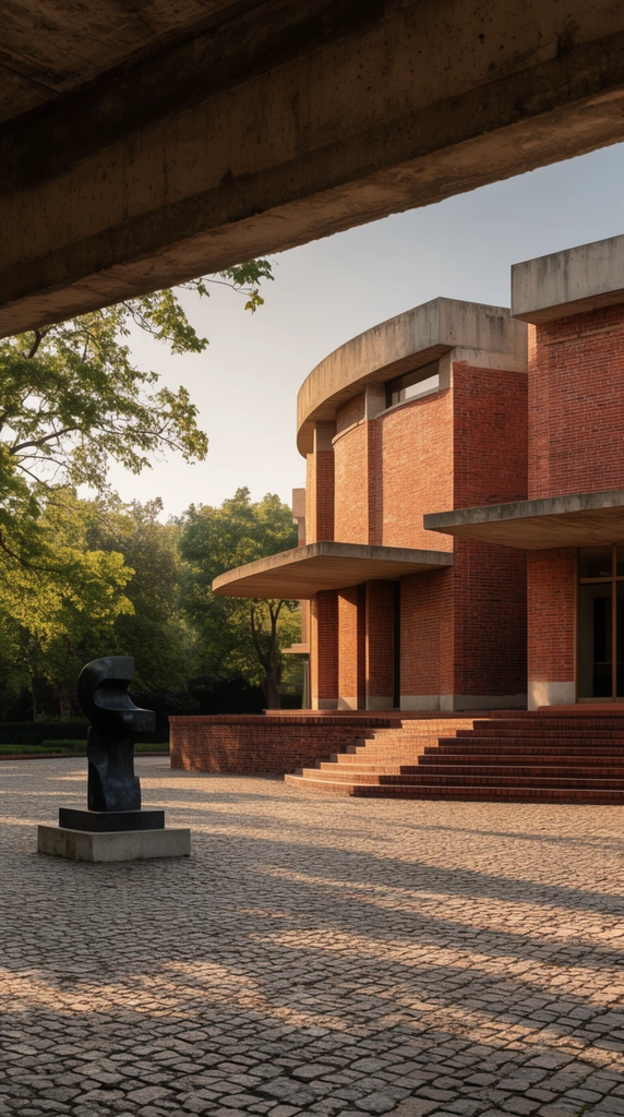 Modernist red brick and concrete building framed by a foreground structural beam. The curved brick facade with flat canopies faces a wide cobblestone courtyard bathed in warm afternoon sunlight. Long shadows, lush foliage, a dark abstract sculpture, and wide brick stairs complete the architectural scene.
