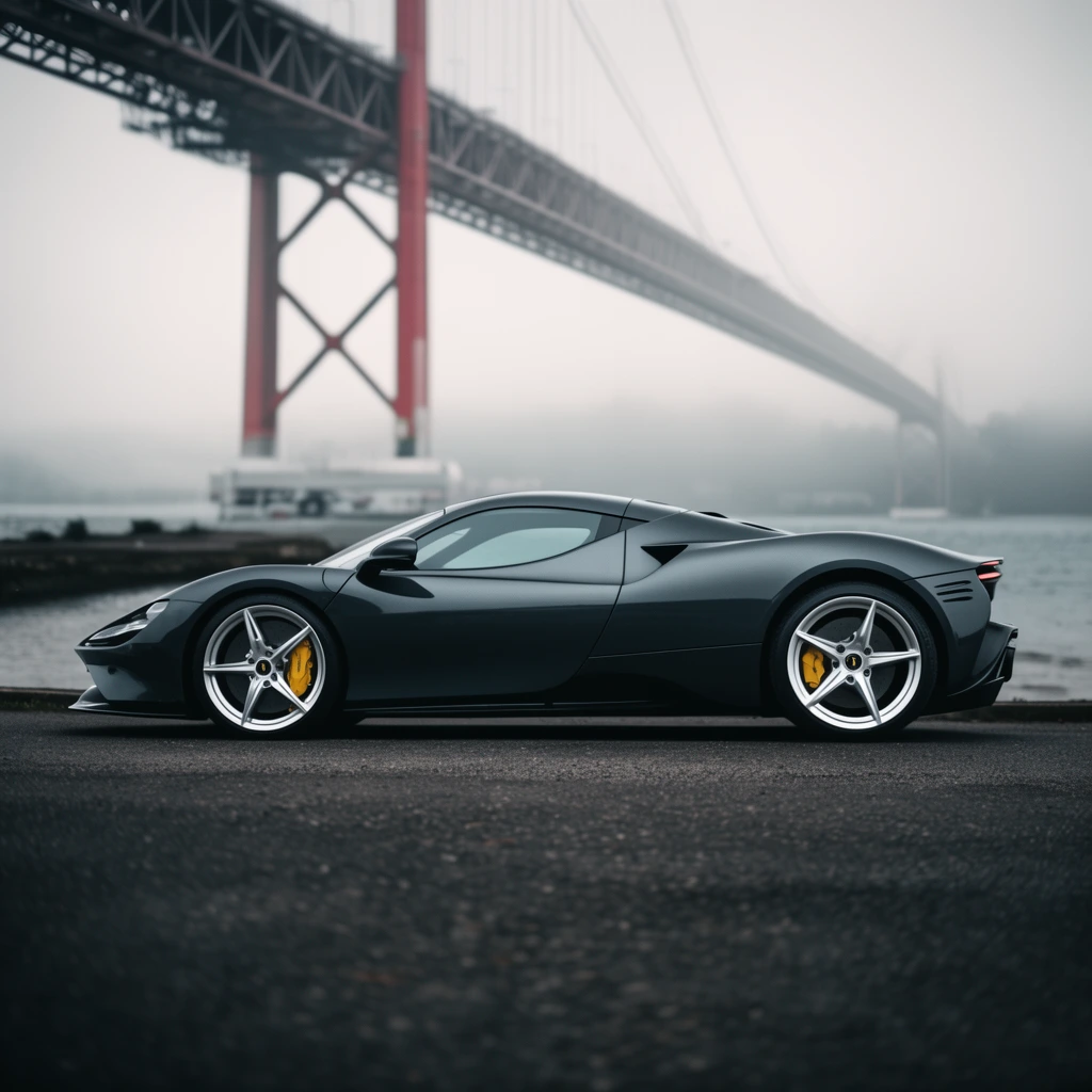 dark grey supercar side profile, aerodynamic curves, silver five-spoke wheels, yellow brake calipers, parked on asphalt beside water, massive red suspension bridge fading into thick fog in blurred background, moody overcast lighting, shallow depth of field, cinematic automotive photography