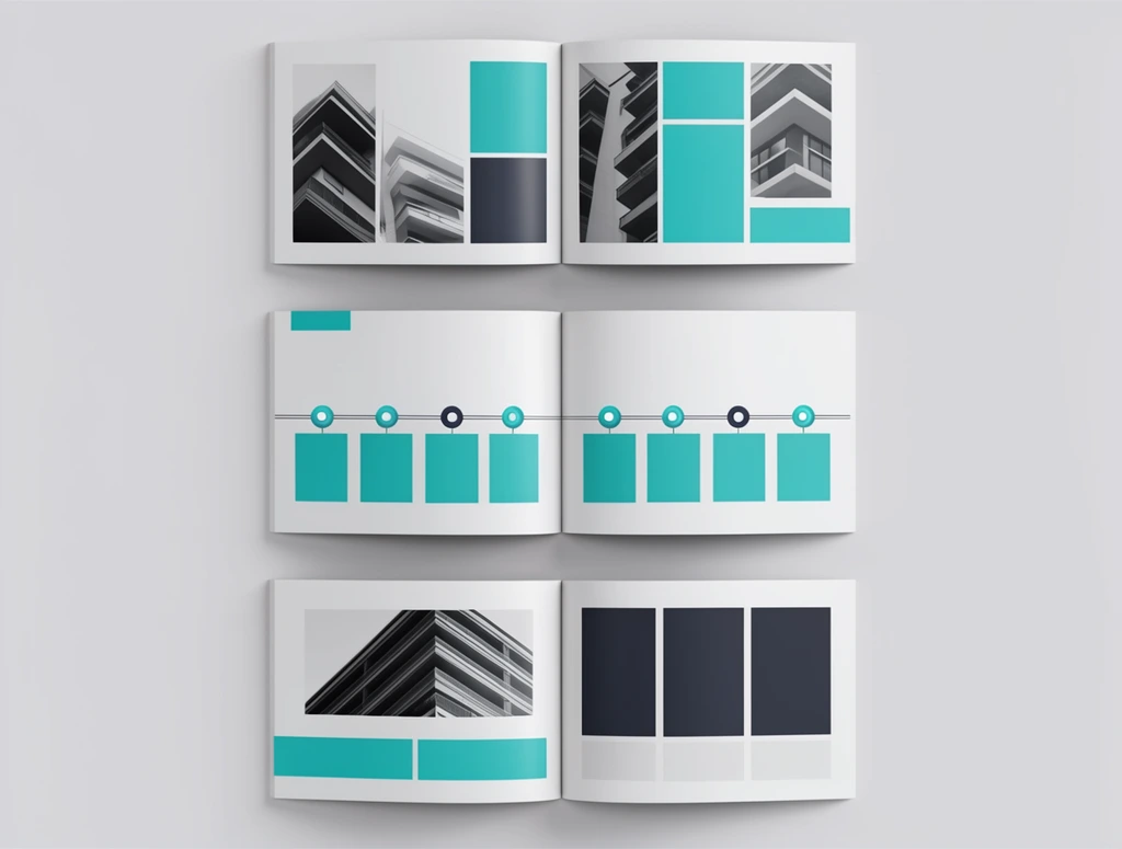 three open two-page brochure mockups arranged vertically on a light gray surface, minimalist corporate editorial design, bright teal and dark charcoal gray color palette, flat lay presentation with soft drop shadows, geometric placeholder blocks, structural grid layouts, horizontal timeline graphics with circular icons connected by thin lines, monochrome architectural photography placeholders, bold teal accent bars, structured column layouts, clean modern aesthetic