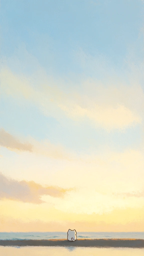 tiny white cat far in the distance, huge bright sky, very low horizon, minimal landscape, soft golden light, oil painting texture