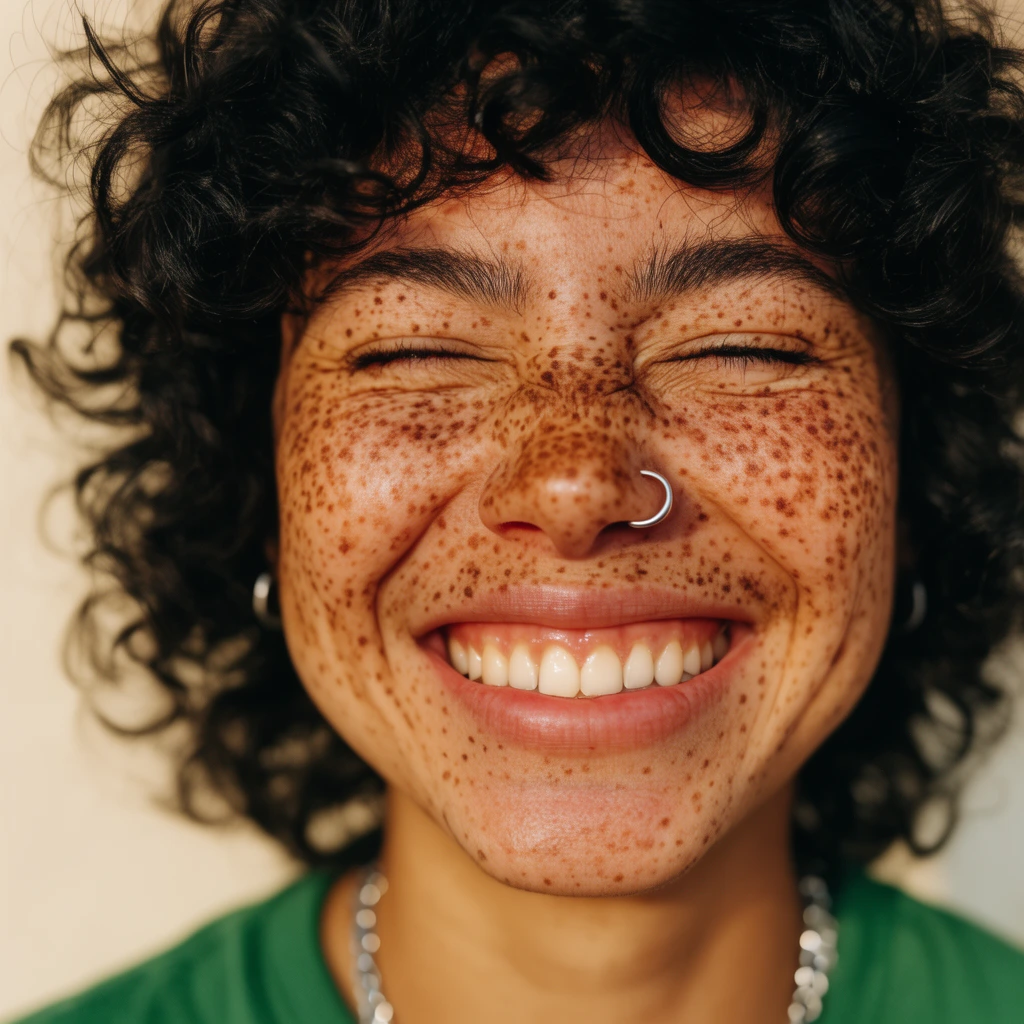 A close-up portrait of a person with dark curly hair, heavy freckles, and a silver hoop nose ring smiling broadly. Their eyes are crinkled shut in a toothy grin. They wear a green shirt and silver chain. Warm natural light illuminates their face against a blurred cream background.