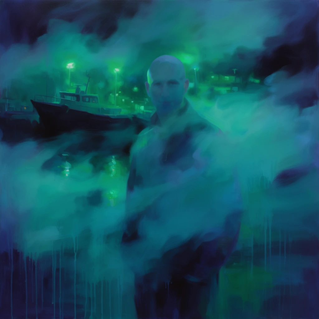 A bald man stands in the foreground, rendered in an expressive, semi-abstract oil painting style with loose, ethereal brushstrokes that dissolve his form into the surrounding environment. Behind him, the shadowy silhouette of a boat and glowing harbor lights emerge through a dense, atmospheric haze. The entire scene is enveloped in a moody, analogous color palette dominated by deep teal, dark navy blue, cyan, and striking luminescent emerald green highlights. Sweeping, cloud-like swaths of paint resemble thick, swirling smoke or heavy ocean mist, partially obscuring the man and the maritime background. The texture features a mix of soft, blurred edges bleeding into the background and raw, vertical drips of thinned paint running downward across the lower sections of the canvas. The harbor lights act as inner sources of neon green glow piercing through the heavy, vivid fog, contrasting sharply with the deep purplish-blue shadows that consume the edges of the composition.